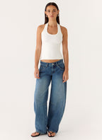 Stevie Low Rise Barrel Leg Denim Jeans - Mid Wash Blue